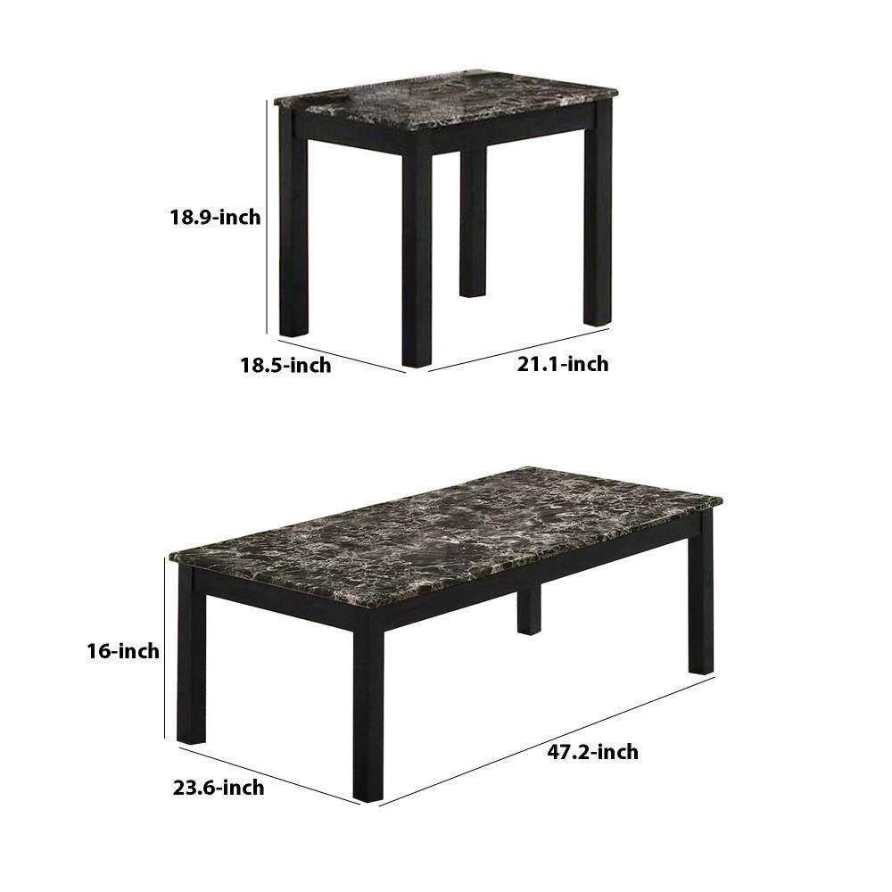 47.2 in. Black Wooden 3 Piece Coffee Table and End Table with Faux Marble Top by Benjara 6 47.2 in. Black Wooden 3 Piece Coffee Table and End Table with Faux Marble Top by Benjara - Image 6