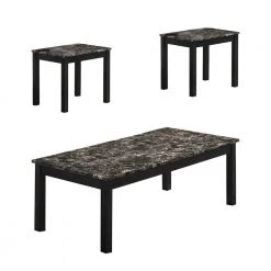 47.2 in. Black Wooden 3 Piece Coffee Table and End Table with Faux Marble Top by Benjara