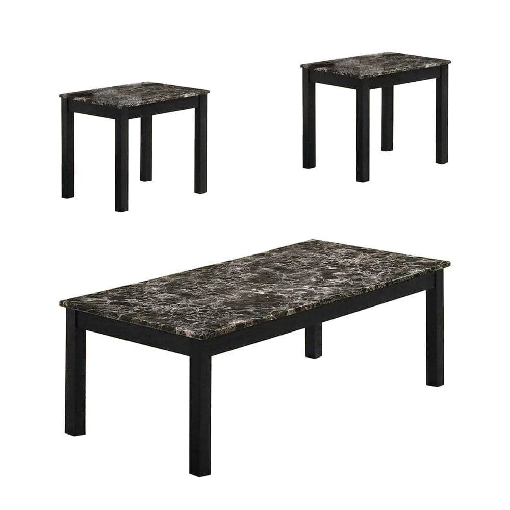 47.2 in. Black Wooden 3 Piece Coffee Table and End Table with Faux Marble Top by Benjara 1 47.2 in. Black Wooden 3 Piece Coffee Table and End Table with Faux Marble Top by Benjara