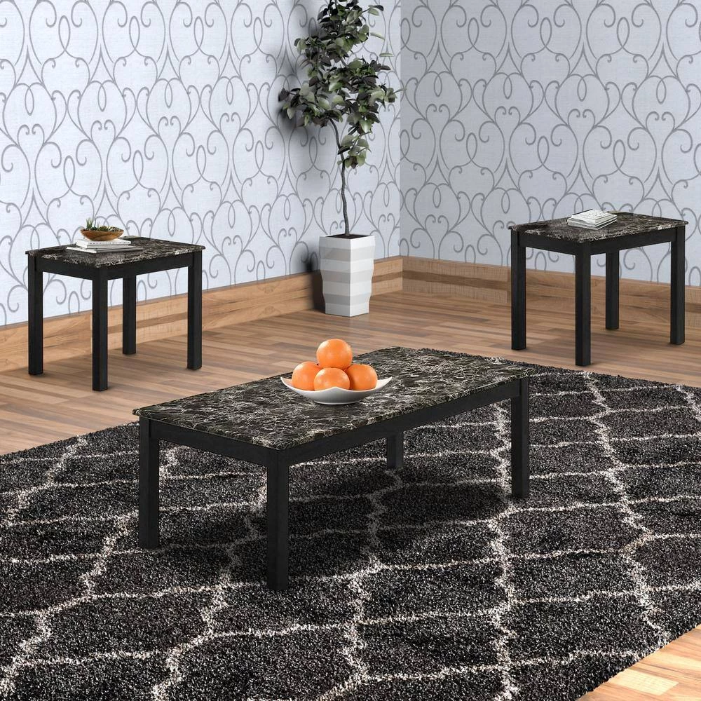 47.2 in. Black Wooden 3 Piece Coffee Table and End Table with Faux Marble Top by Benjara 7 47.2 in. Black Wooden 3 Piece Coffee Table and End Table with Faux Marble Top by Benjara - Image 7