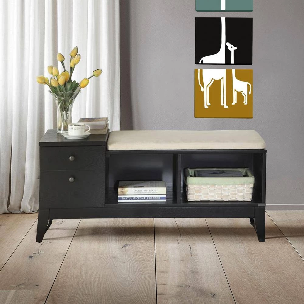 40 in. L x 15.75 in. W x 17.5 in. H Black Wooden Bench with Fabric Upholstered Seat Cushion and Storage Space by Benjara 11 40 in. L x 15.75 in. W x 17.5 in. H Black Wooden Bench with Fabric Upholstered Seat Cushion and Storage Space by Benjara - Image 11