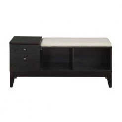 40 in. L x 15.75 in. W x 17.5 in. H Black Wooden Bench with Fabric Upholstered Seat Cushion and Storage Space by Benjara
