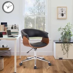 Black Curved Faux Leather Office Chair with Wooden Support and Star base by Benjara -Cheap Benjara Store black benjara executive chairs bm236946 31 1000