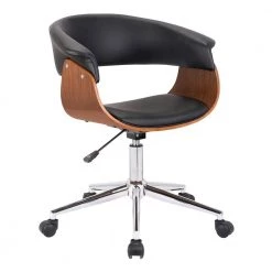 Black Curved Faux Leather Office Chair with Wooden Support and Star base by Benjara