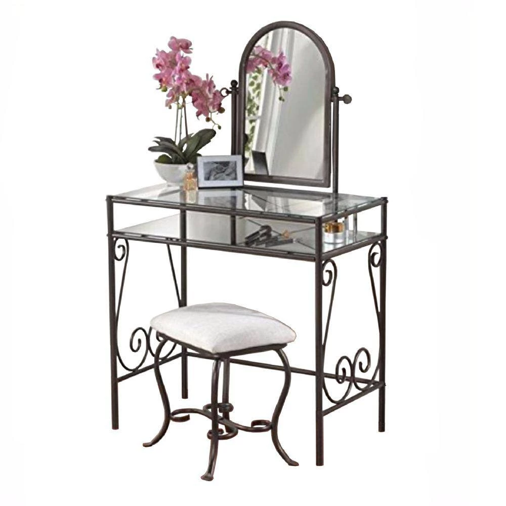 Classic Black Metal Vanity Set with Cheval Mirror and Stool 52.4 in. x 31.8 in. x 18.3 in. by Benjara 2 Classic Black Metal Vanity Set with Cheval Mirror and Stool 52.4 in. x 31.8 in. x 18.3 in. by Benjara - Image 2