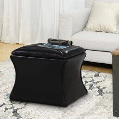Black Leatherette Button Tufted Square Storage Ottoman with Seating 14.5" L x 14.5" W X 17.5" H by Benjara -Cheap Benjara Store black benjara ottomans bm204193 31 1000