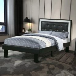 Black Polyurethane Twin Size Bed in High Headboard by Benjara -Cheap Benjara Store black benjara platform beds bm167272 31 1000