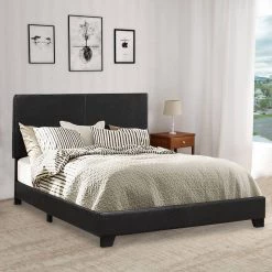 Black Queen Size Leather Upholstered Platform Bed by Benjara -Cheap Benjara Store black benjara platform beds bm182789 31 1000