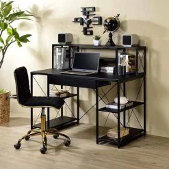 Industrial Style 24 in. H with Metal Black Writing Desk with 4-Open Selves and Bookcase Hutch by Benjara -Cheap Benjara Store black benjara writing desks bm209613 31 1000