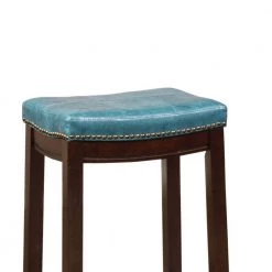 26 in. H Blue and Brown Wooden Counter Stool with Faux Leather Upholstery by Benjara -Cheap Benjara Store blue and brown benjara bar stools bm144056 4f 1000