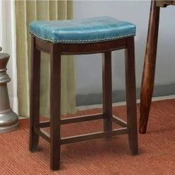 26 in. H Blue and Brown Wooden Counter Stool with Faux Leather Upholstery by Benjara -Cheap Benjara Store blue and brown benjara bar stools bm144056 fa 1000