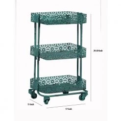 Blue 3-Tier Spacious Metal Cart with Pierced Floral Design by Benjara -Cheap Benjara Store blue benjara bar carts bm144211 44 1000