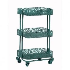 Blue 3-Tier Spacious Metal Cart with Pierced Floral Design by Benjara
