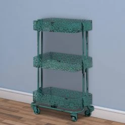Blue 3-Tier Spacious Metal Cart with Pierced Floral Design by Benjara -Cheap Benjara Store blue benjara bar carts bm144211 fa 1000
