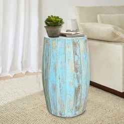 31.5 in. Washed Blue Backless Wood Stool with Elongated Drum Shape and Round Base by Benjara -Cheap Benjara Store blue benjara bar stools bm274805 31 1000