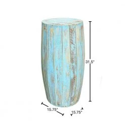 31.5 in. Washed Blue Backless Wood Stool with Elongated Drum Shape and Round Base by Benjara -Cheap Benjara Store blue benjara bar stools bm274805 40 1000