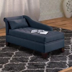 Blue Wooden Chaise Lounge with Chamfered Feet and Nailhead Trim Details by Benjara -Cheap Benjara Store blue benjara chaise lounges bm232882 31 1000