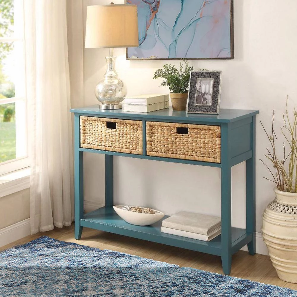 44 in. L Blue 2 Weave Front Drawer Rectangle Wooden Console Table with Open Bottom Shelf by Benjara 8 44 in. L Blue 2 Weave Front Drawer Rectangle Wooden Console Table with Open Bottom Shelf by Benjara - Image 8