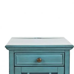 Antique Blue Wooden Chair Side Table With Hidden Power Charger by Benjara -Cheap Benjara Store blue benjara end side tables bm183987 4f 1000