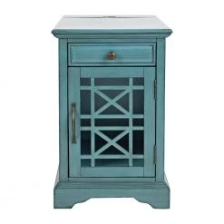 Antique Blue Wooden Chair Side Table With Hidden Power Charger by Benjara