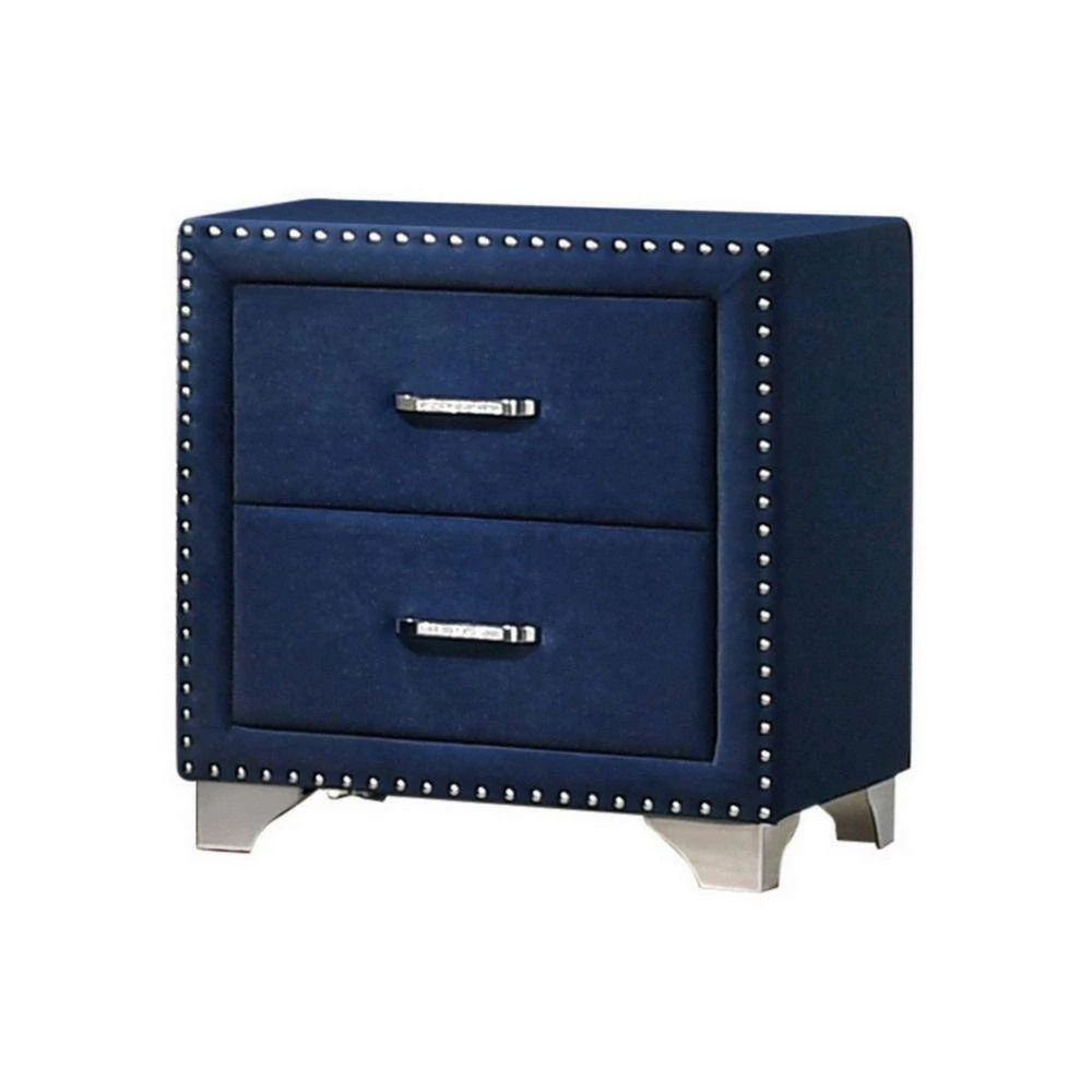Cale 2-Drawer Blue Wooden Nightstand with Velvet Upholstered and Nailhead ( 26.25 in. H x 21 in. W x 18 in. L) by Benjara 7 Cale 2-Drawer Blue Wooden Nightstand with Velvet Upholstered and Nailhead ( 26.25 in. H x 21 in. W x 18 in. L) by Benjara - Image 7