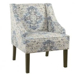 33.25 in. H Blue, Cream and Brown Fabric Upholstered Wooden Accent Chair with Swooping Armrests by Benjara