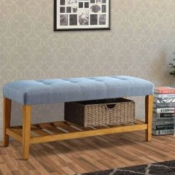 Blue and Oak Wooden Bench by Benjara -Cheap Benjara Store blue oak brown benjara dining benches bm158810 31 1000