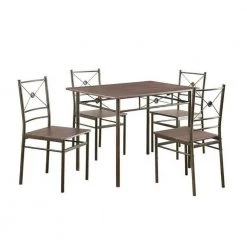 5-Piece Rectangular Wooden Top Bronze Armless Chair Ironlike Dining Set by Benjara