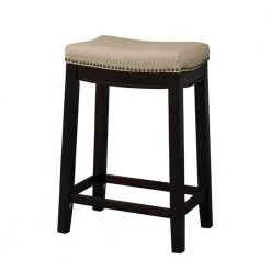 26.18 in. H Brown and Beige Fabric Upholstered Counter Stool with Nail head Trim by Benjara