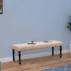 56 in. W x 18.5 in. H Cherry Brown Wooden Bench with Padded Fabric Seat by Benjara -Cheap Benjara Store brown and beige benjara dining benches bm166213 c3 1000