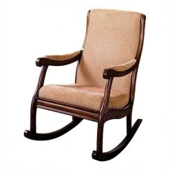 Brown and Beige Fabric Upholstered Rocking Chair with Padded Armrests by Benjara