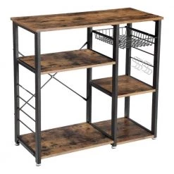 33 in. H Brown and Black Wood and Metal Bakers Rack with 4-Shelves and Wire Basket by Benjara