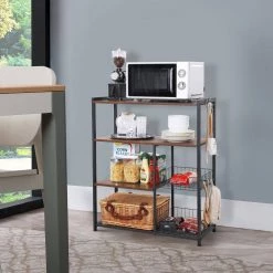 Brown and Black Wood and Metal Frame Baker's Rack with 2 Mesh Basket and 6 Hooks by Benjara -Cheap Benjara Store brown and black benjara baker s racks bm217105 31 1000