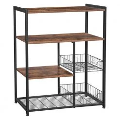 Brown and Black Wood and Metal Frame Baker's Rack with 2 Mesh Basket and 6 Hooks by Benjara