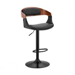 34 in. Walnut and Black Low Back Metal Frame Bar Stool with Faux Leather Seat by Benjara