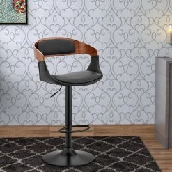 34 in. Walnut and Black Low Back Metal Frame Bar Stool with Faux Leather Seat by Benjara -Cheap Benjara Store brown and black benjara bar stools bm248179 fa 1000