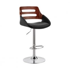 35 in. Walnut and Black Low Back Metal Frame Adjustable Swivel Bar Stool with Faux Leather Seat by Benjara