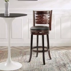 Kim 43.5 in. Espresso Brown and Black High Back Solid Wood Swivel Bar Stool with Bonded Leather Seat by Benjara -Cheap Benjara Store brown and black benjara bar stools bm274336 31 1000