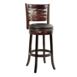 Kim 43.5 in. Espresso Brown and Black High Back Solid Wood Swivel Bar Stool with Bonded Leather Seat by Benjara