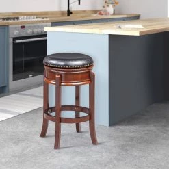 Sabi 30 in. Brown and Black Backless Solid Wood Swivel Counter Stool with Faux Leather Seat by Benjara -Cheap Benjara Store brown and black benjara bar stools bm274364 31 1000