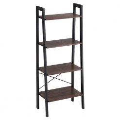 54.1 in. H Brown and Black Iron Framed Ladder Style Storage Shelf with Four Wooden Shelves by Benjara