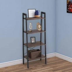 54.1 in. H Brown and Black Iron Framed Ladder Style Storage Shelf with Four Wooden Shelves by Benjara -Cheap Benjara Store brown and black benjara bookcases bookshelves bm195817 c3 1000