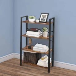 47.2 in. H Rustic Brown and Black Wood and Metal 4-Tier Bookcase with Criss Cross Back by Benjara -Cheap Benjara Store brown and black benjara bookcases bookshelves bm217079 c3 1000