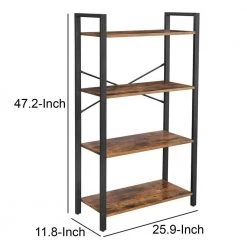 47.2 in. H Rustic Brown and Black Wood and Metal 4-Tier Bookcase with Criss Cross Back by Benjara -Cheap Benjara Store brown and black benjara bookcases bookshelves bm217079 fa 1000