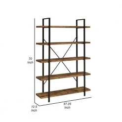 70 In. Rustic Brown 5 Shelves Wood Bookcase with Crossed Metal Design by Benjara -Cheap Benjara Store brown and black benjara bookcases bookshelves bm280488 44 1000