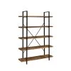 70 In. Rustic Brown 5 Shelves Wood Bookcase with Crossed Metal Design by Benjara