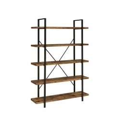 70 In. Rustic Brown 5 Shelves Wood Bookcase with Crossed Metal Design by Benjara