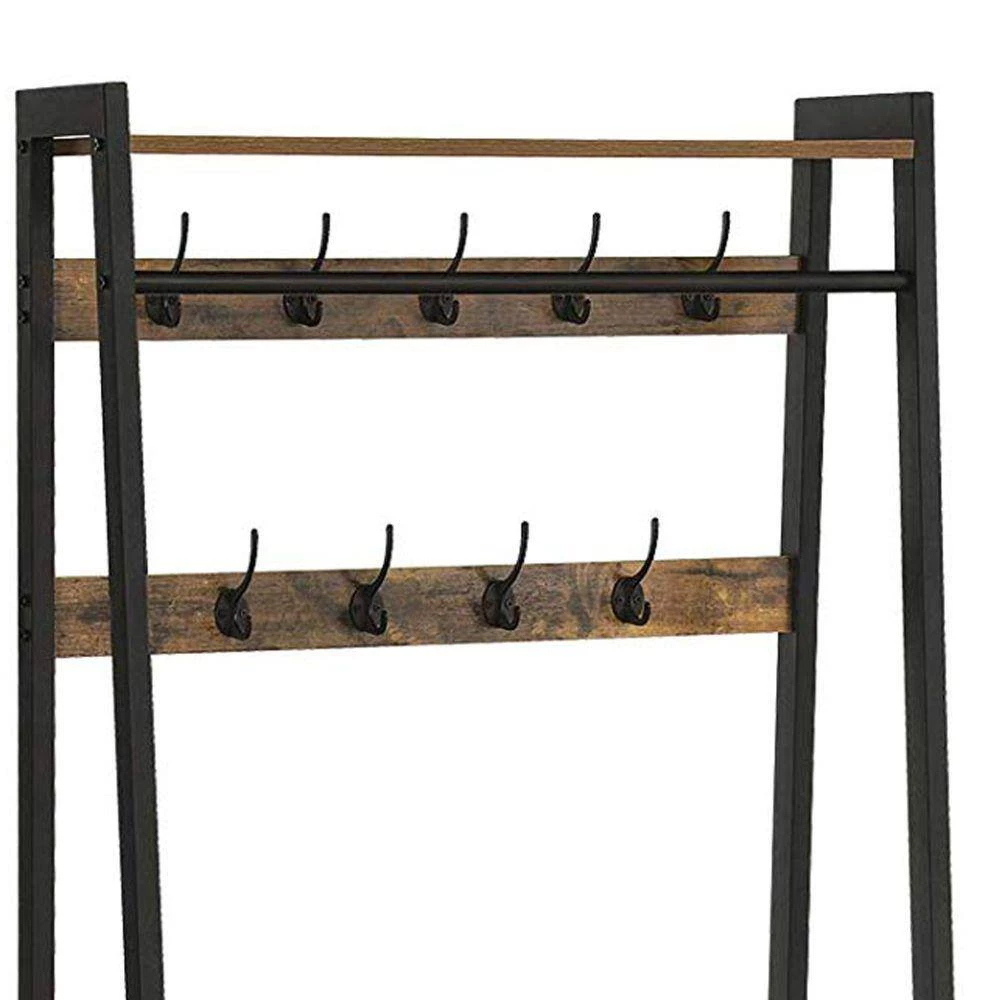 Brown and Black Iron Framed Coat Rack with 2-Storage Shelves and Hanging Rail by Benjara 6 Brown and Black Iron Framed Coat Rack with 2-Storage Shelves and Hanging Rail by Benjara - Image 6