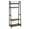 Brown and Black Iron Framed Coat Rack with 2-Storage Shelves and Hanging Rail by Benjara