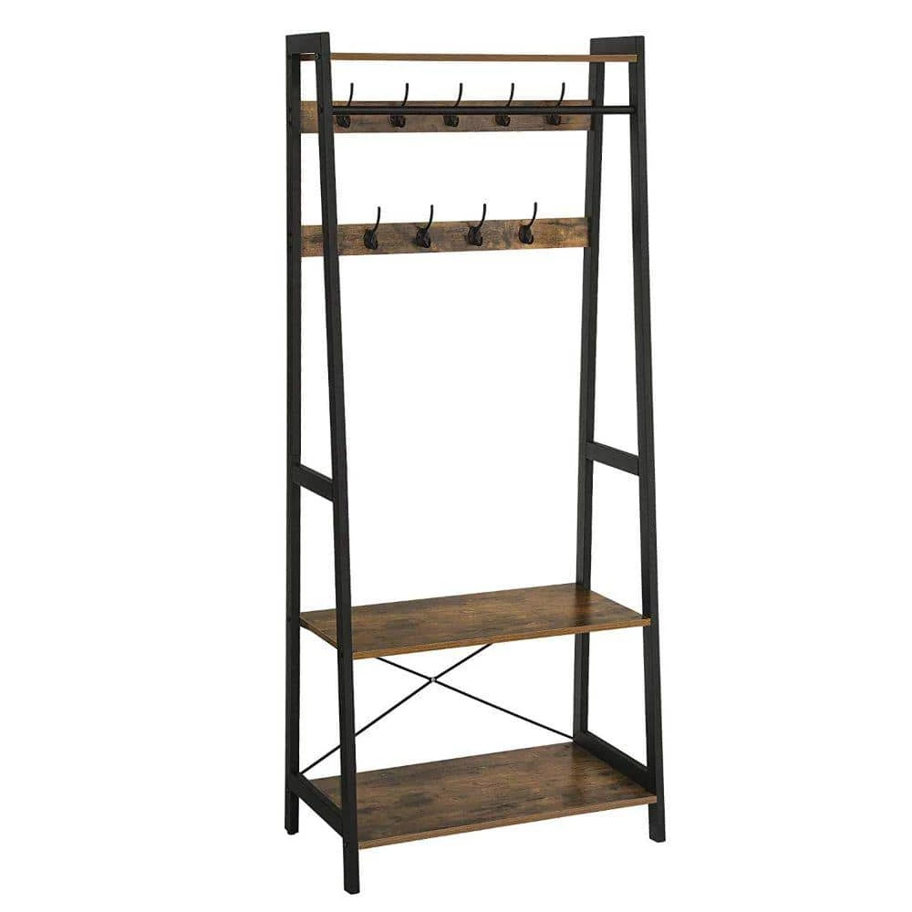 Brown and Black Iron Framed Coat Rack with 2-Storage Shelves and Hanging Rail by Benjara 1 Brown and Black Iron Framed Coat Rack with 2-Storage Shelves and Hanging Rail by Benjara
